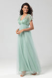 A-Line V Neck Beaded Tulle Bridesmaid Dress with Short Sleeves