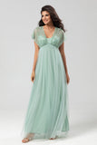 A-Line V Neck Beaded Tulle Bridesmaid Dress with Short Sleeves