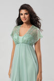 A-Line V Neck Beaded Tulle Bridesmaid Dress with Short Sleeves