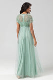 A-Line V Neck Beaded Tulle Bridesmaid Dress with Short Sleeves