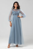 A-Line Round Neck Tulle Beaded Bridesmaid Dress with Long Sleeves