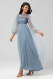 A-Line Round Neck Tulle Beaded Bridesmaid Dress with Long Sleeves