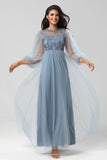 A-Line Round Neck Tulle Beaded Bridesmaid Dress with Long Sleeves