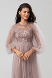 A-Line Round Neck Tulle Beaded Bridesmaid Dress with Long Sleeves