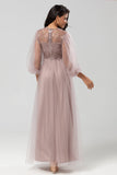 A-Line Round Neck Tulle Beaded Bridesmaid Dress with Long Sleeves