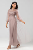 A-Line Round Neck Tulle Beaded Bridesmaid Dress with Long Sleeves