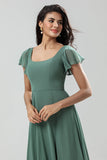 A-Line Eucalyptus Long Bridesmaid Dress with Ruffles