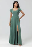 A-Line Eucalyptus Long Bridesmaid Dress with Ruffles