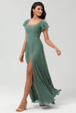 A-Line Eucalyptus Long Bridesmaid Dress with Ruffles