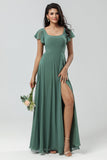 A-Line Eucalyptus Long Bridesmaid Dress with Ruffles