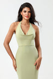 Dusty Sage Bodycon Halter Tea Length Bridesmaid Dress with Slit