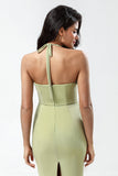 Dusty Sage Bodycon Halter Tea Length Bridesmaid Dress with Slit