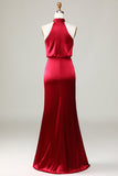 Burgundy Sheath A Line Halter Floor Length Satin Bridesmaid Dress