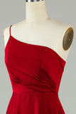 Burgundy A-Line One Shoulder Satin Long Bridesmaid Dress with Ruffles