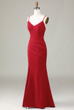 Burgundy Mermaid Spaghetti Straps Sleeveless Bridesmaid Dress with Slit