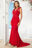 Burgundy Mermaid Spaghetti Straps Long Wedding Party Dress with Slit