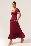 Burgundy Sheath Square Neck Tea-Length Satin Bridesmaid Dress with Ruffles