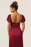 Burgundy Sheath Square Neck Tea-Length Satin Bridesmaid Dress with Ruffles