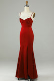 Burgundy Mermaid Spaghetti Straps Long Prom Dress with Slit