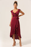 Burgundy Asymmetrical V-Neck Long Bridesmaid Dress with Ruffles