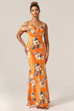 Orange Flower Mermaid Cold Shoulder Cowl Neck Satin Bridesmaid Dress