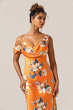 Orange Flower Mermaid Cold Shoulder Cowl Neck Satin Bridesmaid Dress