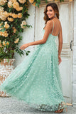 Green A-Line Spaghetti Straps Satin Floor Length Dress For Wedding Party