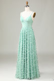 Green A-Line Spaghetti Straps Satin Floor Length Dress For Wedding Party