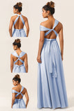Dusty Blue A-Line Convertible Floor Length Satin Bridesmaid Dress