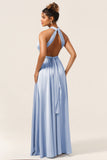 Dusty Blue A-Line Convertible Floor Length Satin Bridesmaid Dress