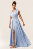 Dusty Blue A-Line Convertible Floor Length Satin Bridesmaid Dress