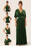 Dark Green Convertible Wear Velvet Long Bridesmaid Dress