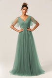 Eucalyptus A Line V Neck Floor Length Tulle Bridesmaid Dress