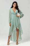 A Line V Neck Chiffon Matcha Bridesmaid Dress with Long Sleeves