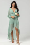 A Line V Neck Chiffon Matcha Bridesmaid Dress with Long Sleeves
