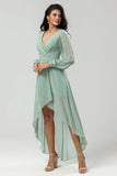 A Line V Neck Chiffon Matcha Bridesmaid Dress with Long Sleeves