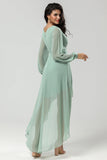 A Line V Neck Chiffon Matcha Bridesmaid Dress with Long Sleeves