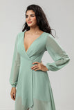A Line V Neck Chiffon Matcha Bridesmaid Dress with Long Sleeves