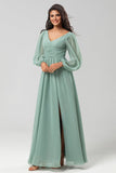 Matcha A Line Ruched Chiffon Floor-Length Bridesmaid Dress with Slit