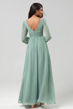 Matcha A Line Ruched Chiffon Floor-Length Bridesmaid Dress with Slit