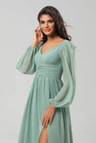 Matcha A Line Ruched Chiffon Floor-Length Bridesmaid Dress with Slit