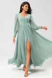 Matcha A Line Chiffon Ruffles Long Bridesmaid Dress with Slit
