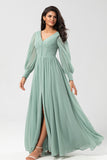 Matcha A Line Chiffon Ruffles Long Bridesmaid Dress with Slit