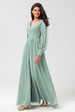 Matcha A Line Chiffon Ruffles Long Bridesmaid Dress with Slit