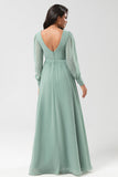 Matcha A Line Chiffon Ruffles Long Bridesmaid Dress with Slit