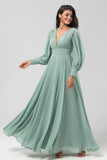 Matcha A Line Detachable Chiffon Bridesmaid Dress with Long Sleeves