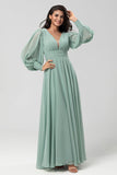 Matcha A Line Detachable Chiffon Bridesmaid Dress with Long Sleeves