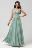 Matcha A Line Detachable Chiffon Bridesmaid Dress with Long Sleeves