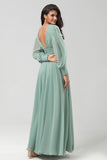 Matcha A Line Detachable Chiffon Bridesmaid Dress with Long Sleeves