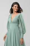 Matcha A Line Detachable Chiffon Bridesmaid Dress with Long Sleeves